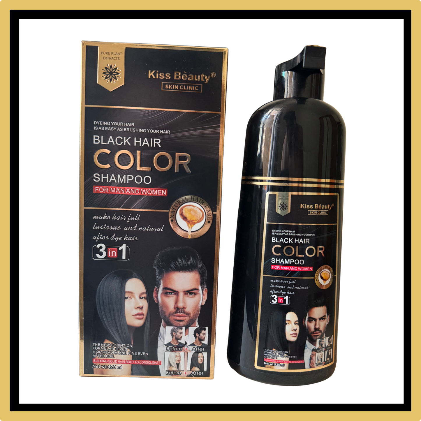 Shampoo Colorante Negro 3 en 1 – Kiss Beauty (Sin Amoniaco, 420ml)