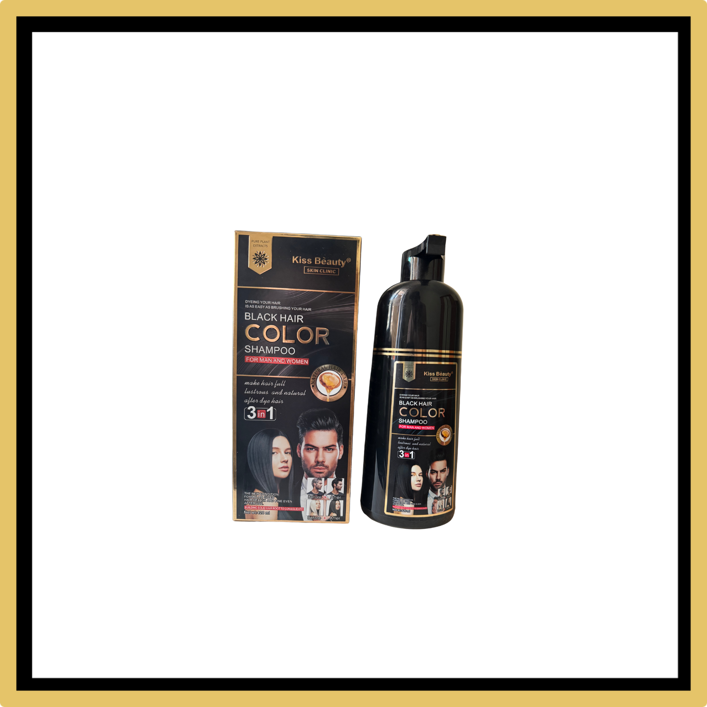 Shampoo Colorante Negro 3 en 1 – Kiss Beauty (Sin Amoniaco, 420ml)